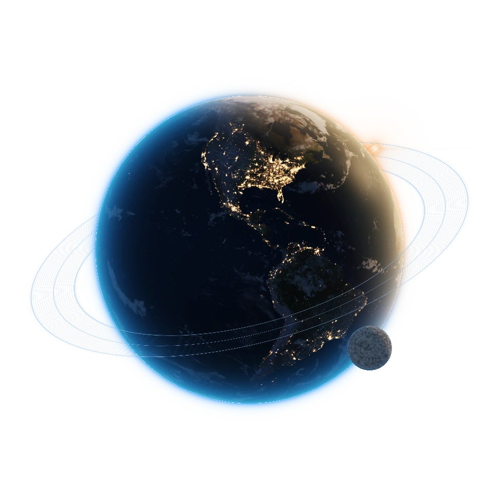 A blue-rimmed planet illuminated by a warm distant sun